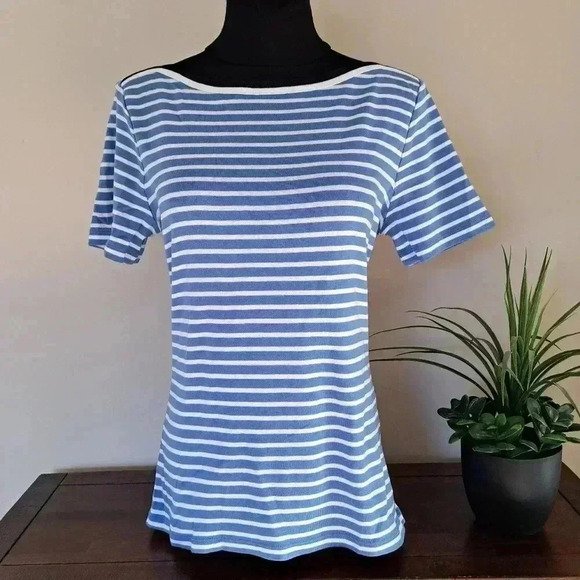 ❤ NWT Tommy Hilfiger Striped T-shirt Blue White Boatneck Tee Medium Short Sleeve - Picture 1 of 15